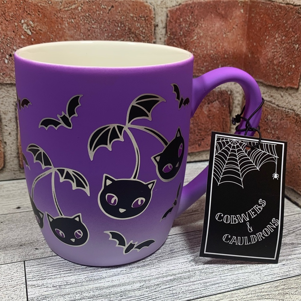 Cobwebs and Cauldrons Purple Cherry Bats Halloween Mug